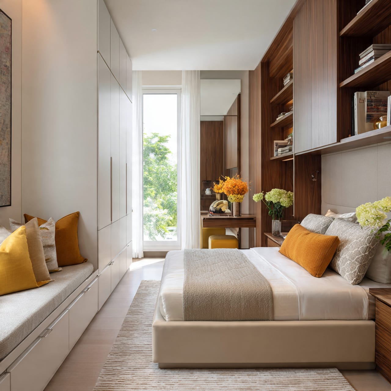 small bedroom furniture arrangement to optimize space with modern luxury design