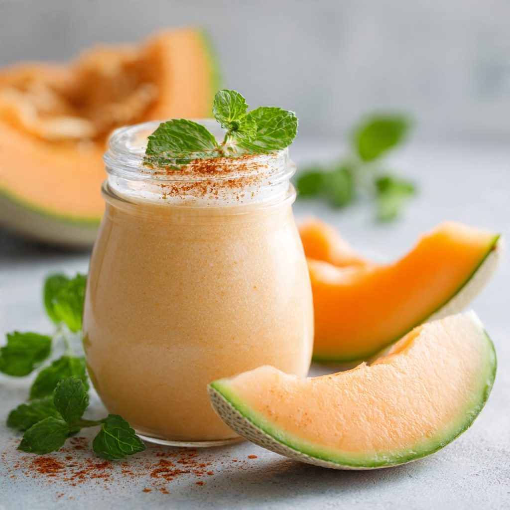 Creamy cantaloupe yogurt smoothie with mint and cinnamon, rich in vitamin A for eye health and radiant skin.