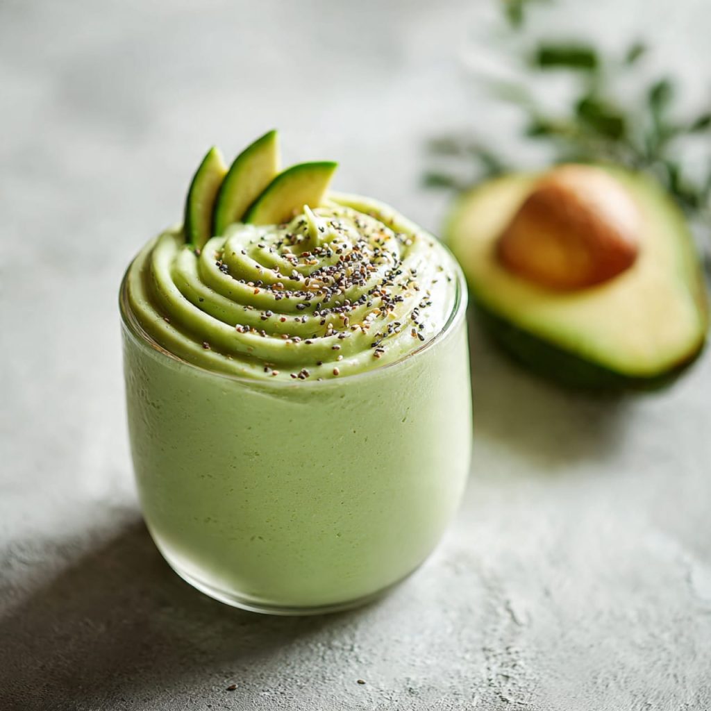 Creamy green smoothie made with avocado and fresh spinach, topped with chia seeds, promoting deep hydration and glowing skin.
