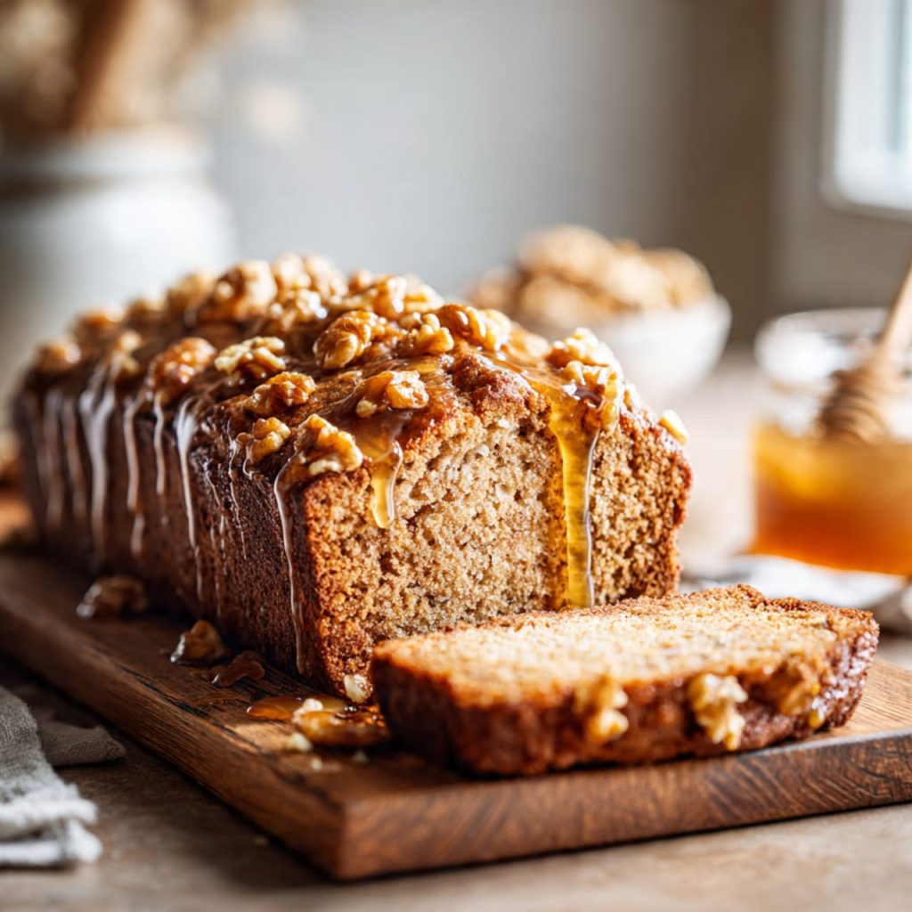 Greek yogurt banana bread sliced on a wooden board, moist and fluffy texture with walnuts and honey, healthy homemade banana bread