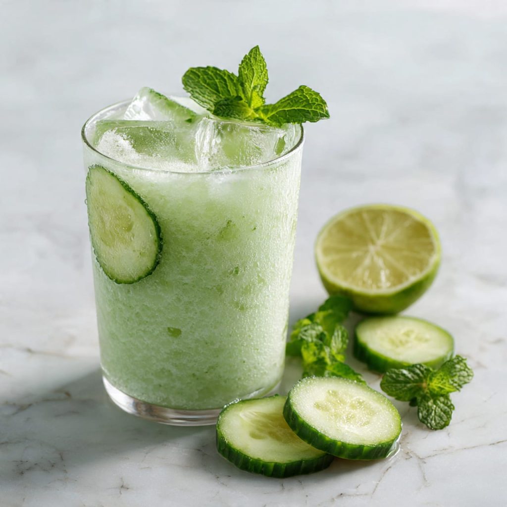 Refreshing cucumber mint smoothie with ice and lime, a cooling detox drink that supports hydration and kidney cleansing.