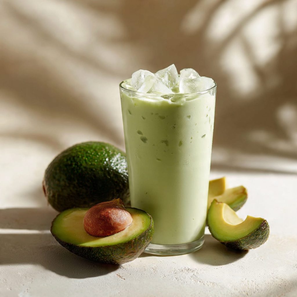 Creamy avocado smoothie with coconut milk, rich in healthy fats for glowing skin, shiny hair, and nail strength.