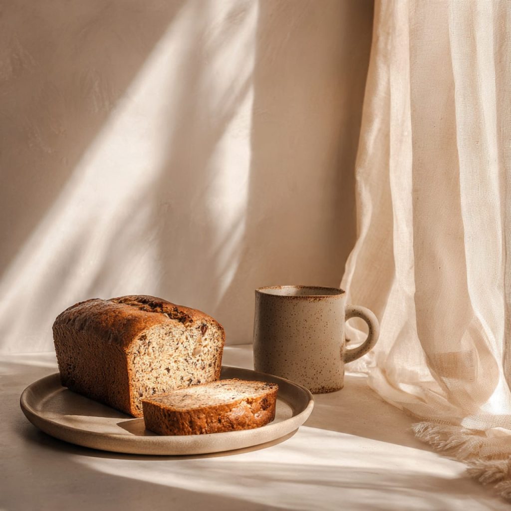 Banana oatmeal bread served in a refined morning setting, embodying a calm and luxurious healthy lifestyle