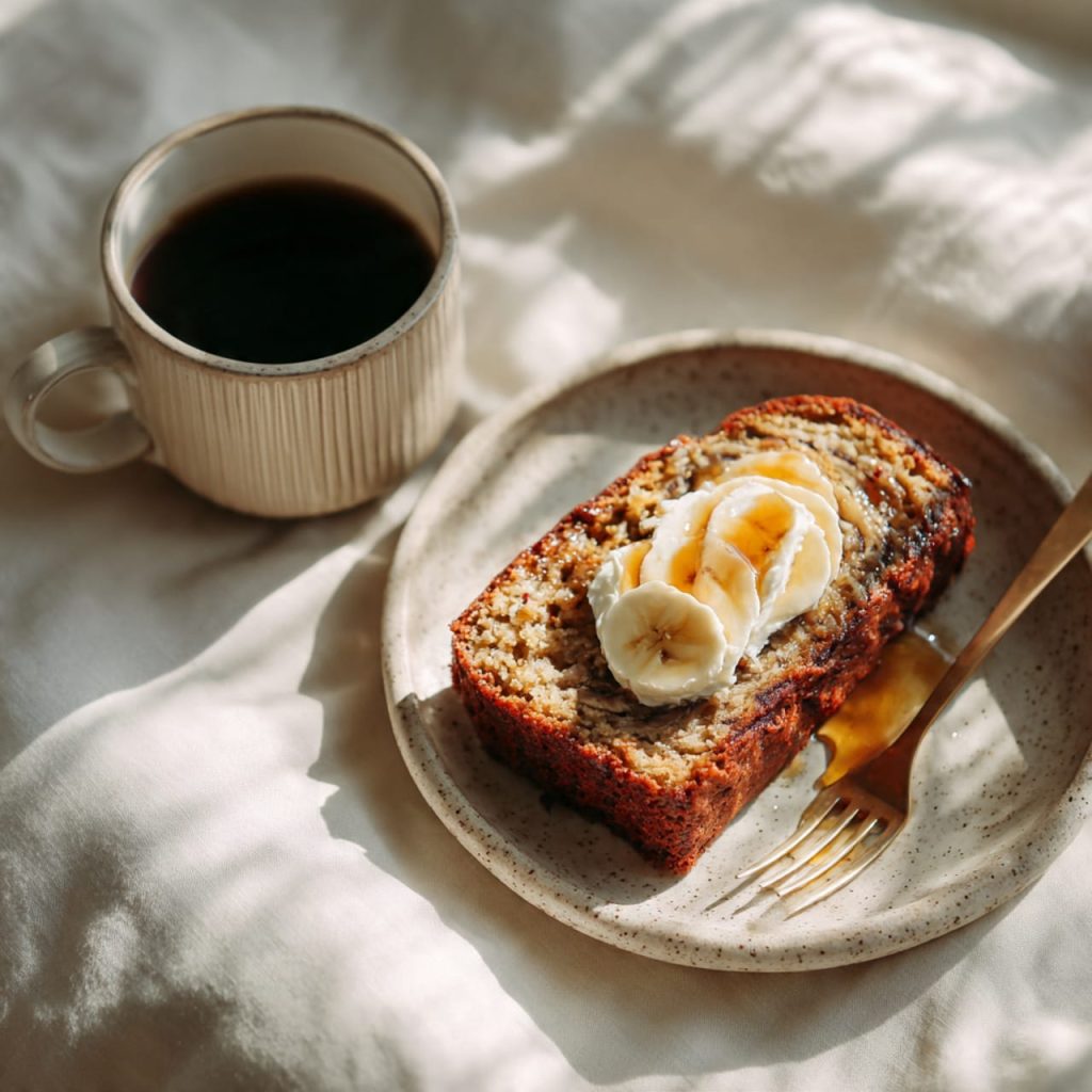 Slice of Greek yogurt banana bread served with Greek yogurt, honey and black coffee for a healthy breakfast
