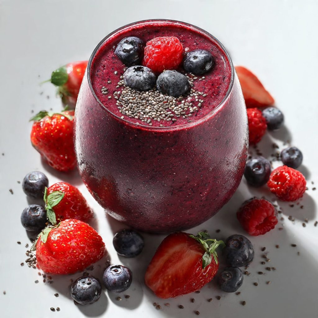 Antioxidant-rich berry smoothie with strawberries, blueberries, raspberries, and chia seeds to support anti-aging and youthful skin
