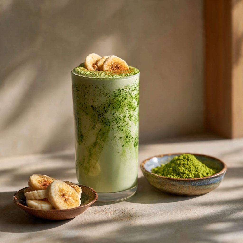 Thick matcha smoothie with banana and flaxseeds, a natural energy drink that boosts alertness and fat burning.