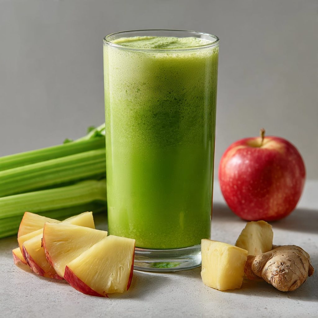 Green detox smoothie blended with celery, pineapple, ginger, and apple, designed to reduce bloating and support digestion.
