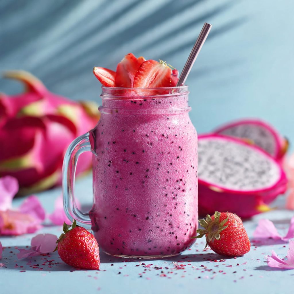 Pink dragon fruit smoothie with yogurt and coconut water, promoting glowing skin, hydration, and collagen support.