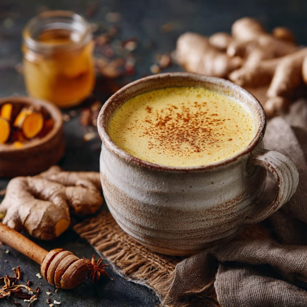 Golden milk smoothie with turmeric, ginger, cinnamon, and almond milk to reduce inflammation and support digestion