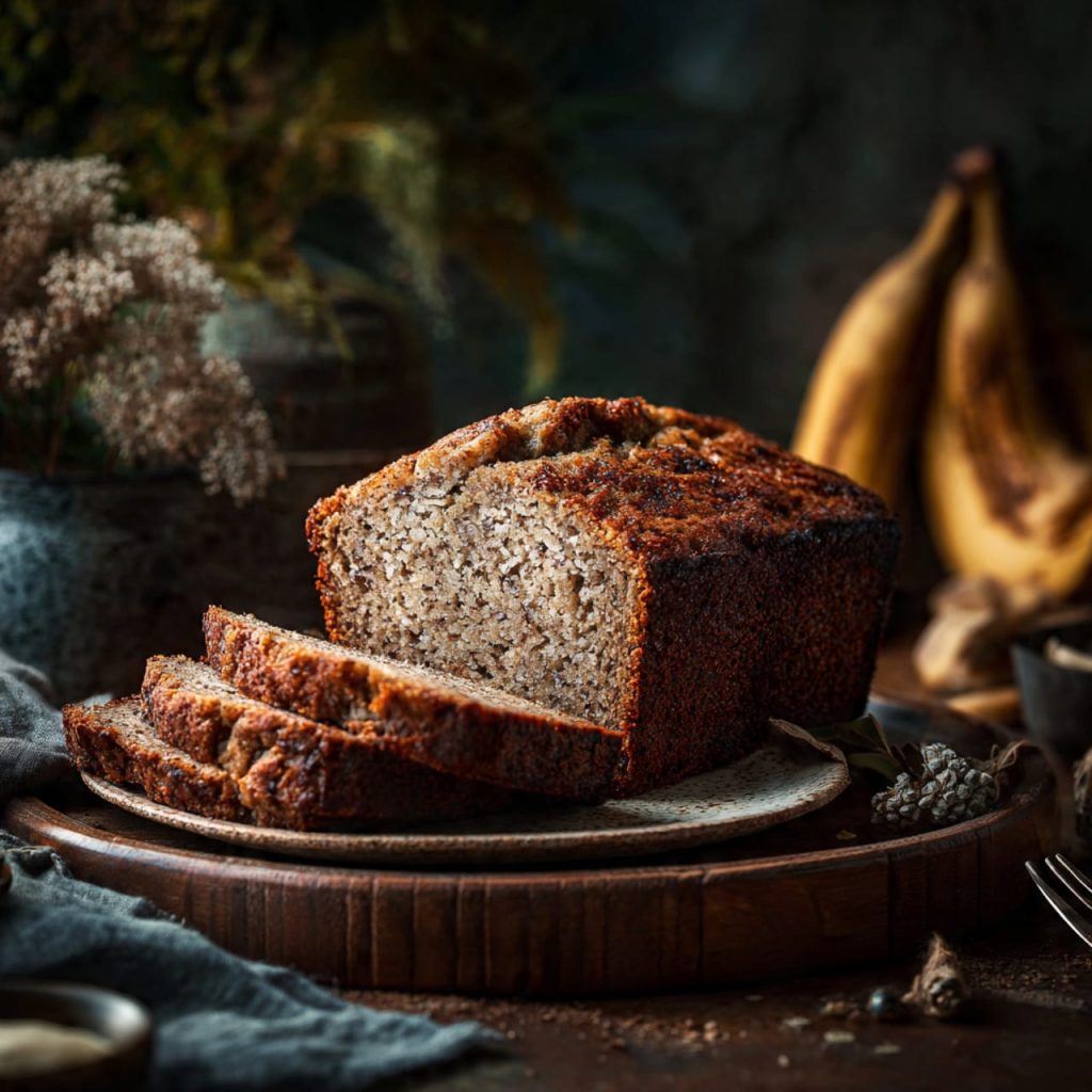 A warm slice of banana oatmeal bread captured in a refined, comforting, and luxurious dining moment