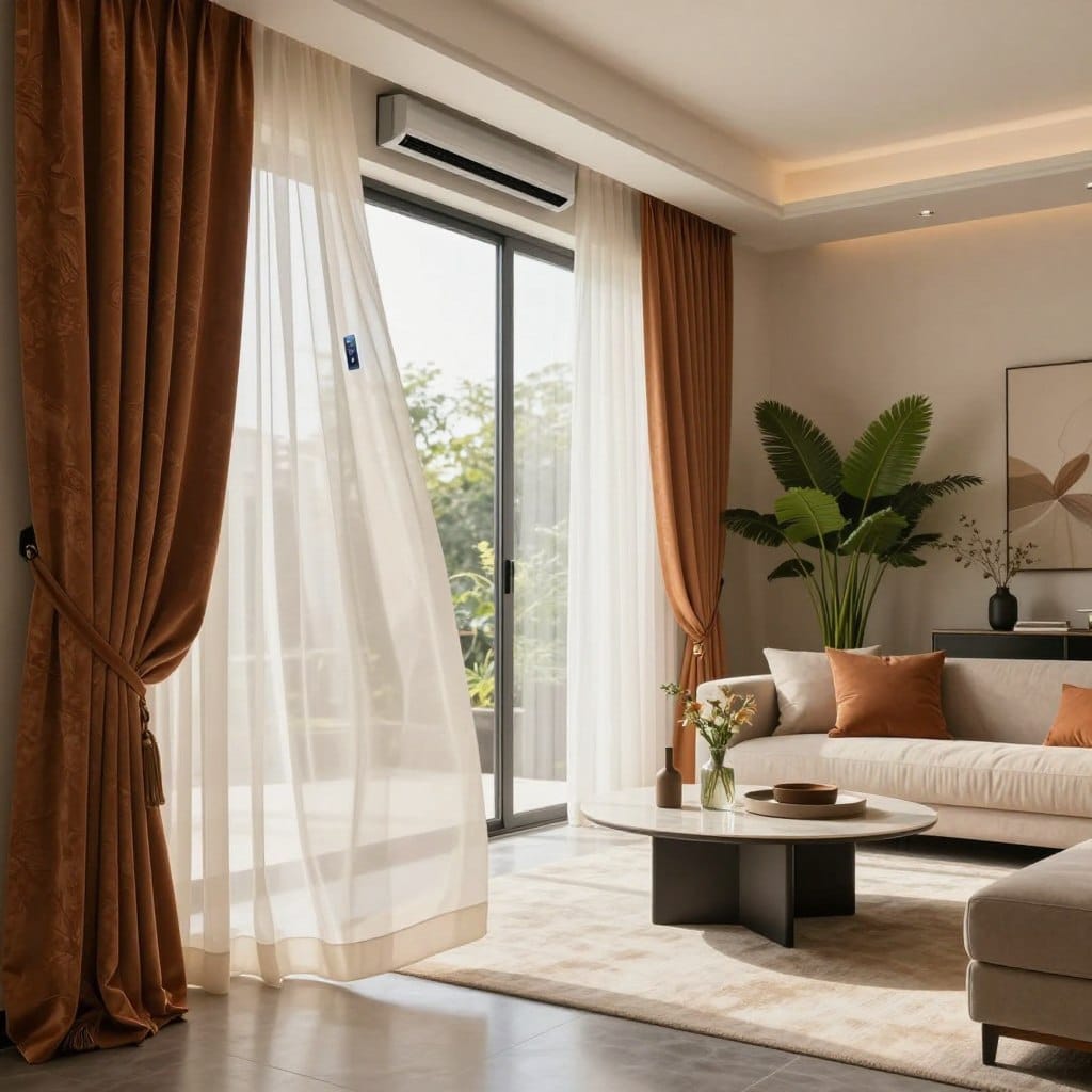 an elegantly designed living room showcasing smart luxury window treatments with motorized controls. In the foreground, a set of beautifully draped sheer curtains, layered with rich, textured fabric, gently billowing with soft natural light filtering through. The motorized control mechanism is subtly integrated within a sleek, modern window frame. In the middle, a minimalistic coffee table complements the sophisticated decor, adorned with tasteful decorative items. The background features a well-appointed interior with contemporary furniture and lush green potted plants, creating a serene atmosphere. Warm, diffused lighting enhances the sense of luxury and comfort, while the scene is captured with a slightly elevated angle, emphasizing the sophistication of the space and the innovation of the window treatments.