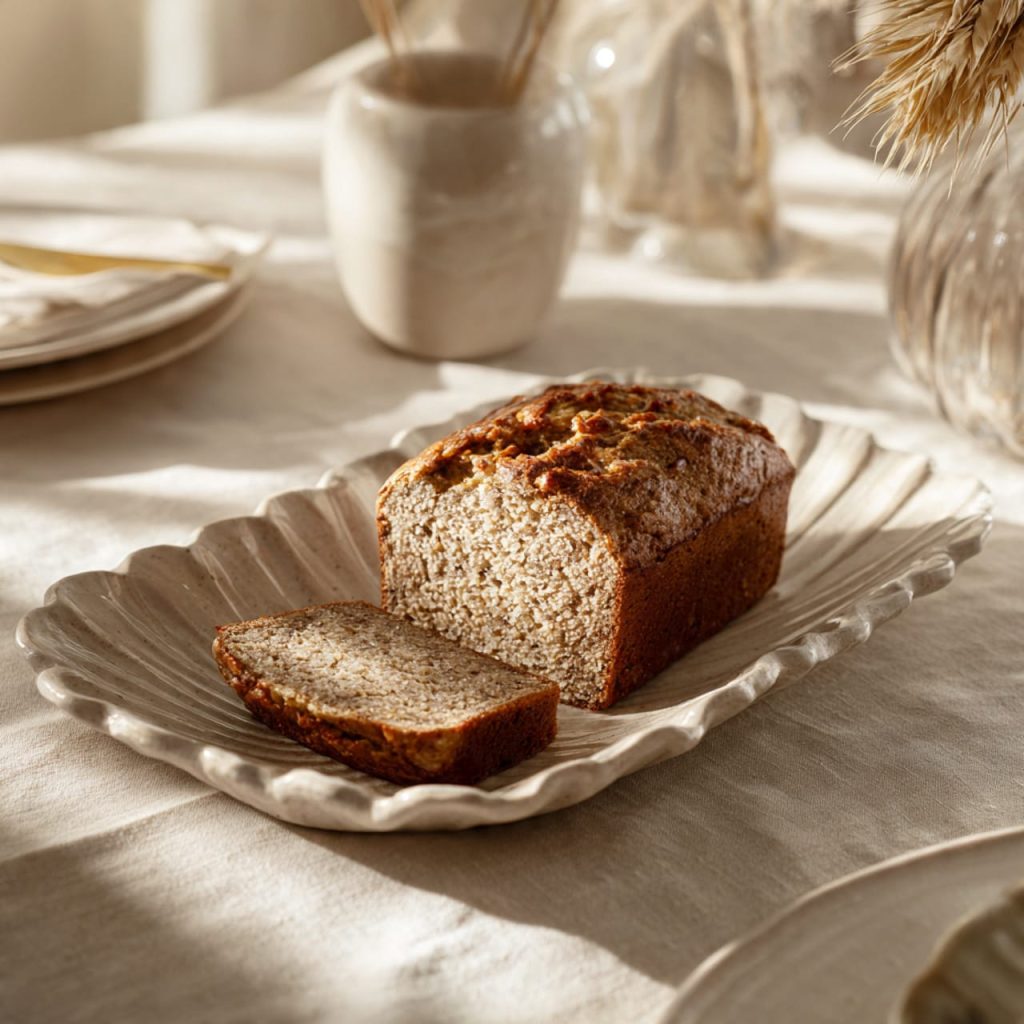 Elegant banana oatmeal bread crafted with ripe bananas and oats, a refined healthy breakfast with a luxurious, natural aesthetic