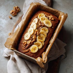 Artisanal preparation of banana oatmeal bread with oats, bananas, and walnuts before baking.