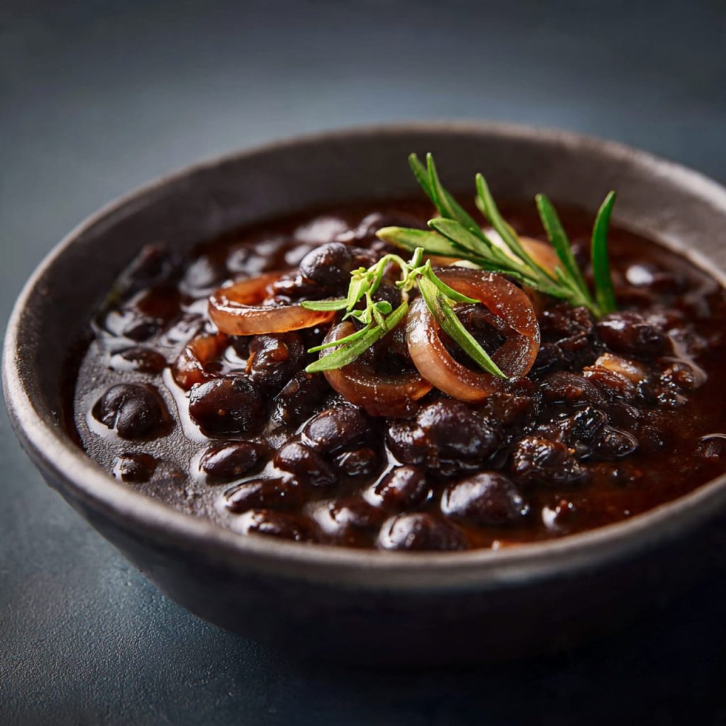 Braised black beans with cumin and caramelized onions in a rich, slow-cooked vegan broth