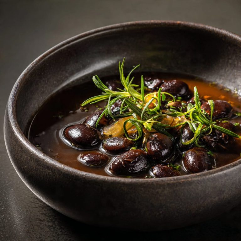Braised black beans with cumin and caramelized onions in a rich, slow-cooked vegan broth
