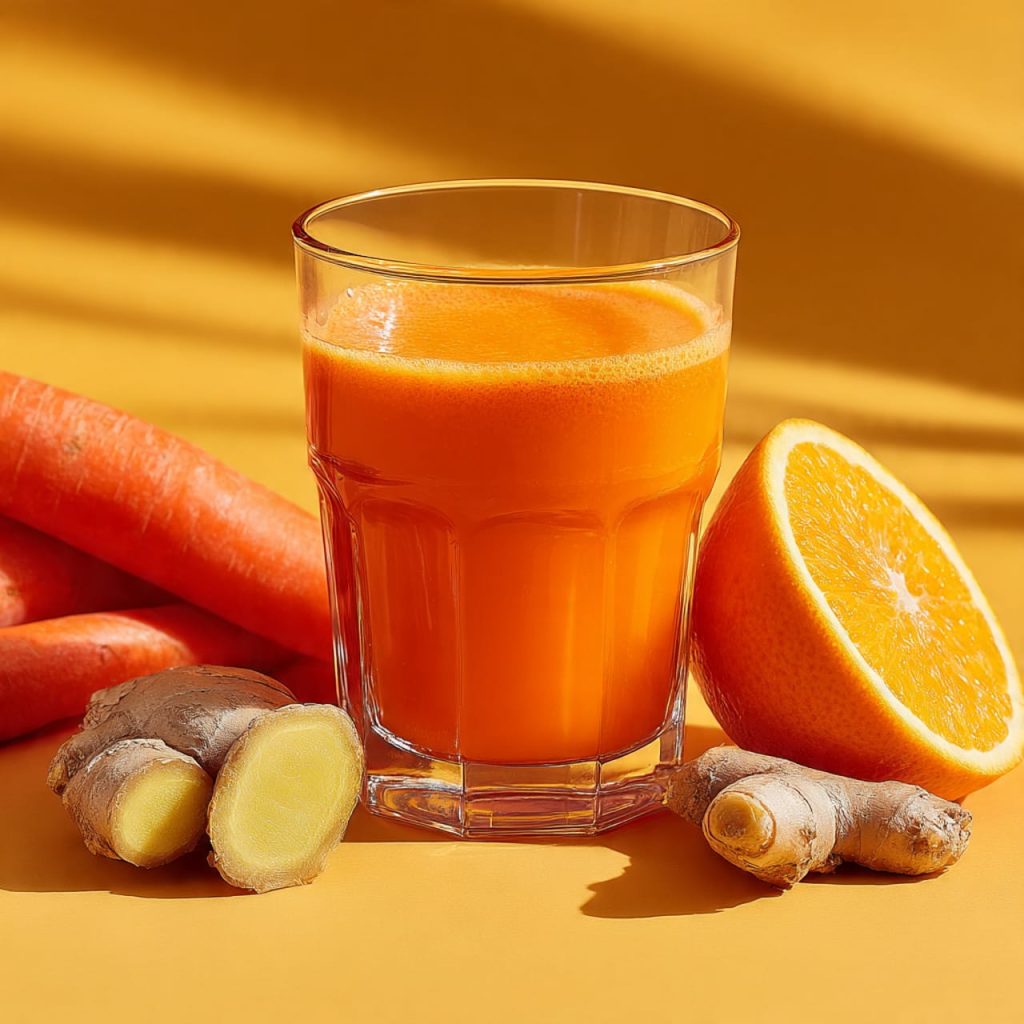 Orange, carrot, and ginger smoothie rich in beta-carotene to support skin glow and sun protection