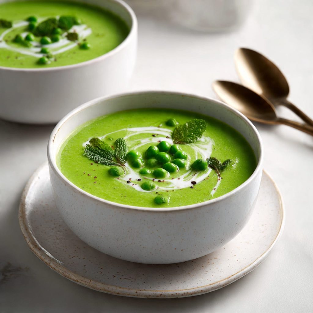 British pea and mint soup with vibrant emerald green color served in a white bowl
