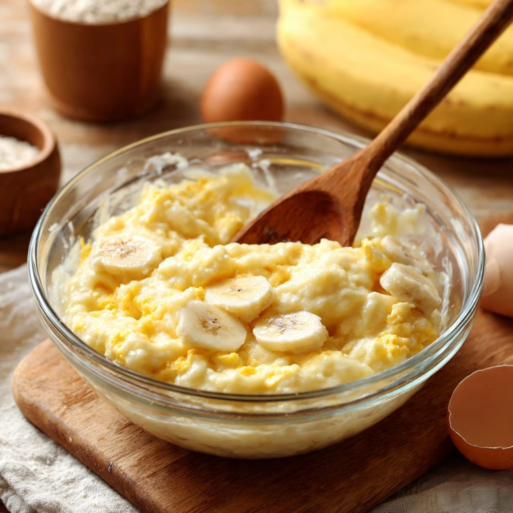 Mashed ripe bananas mixed with Greek yogurt and eggs for healthy banana bread batter
