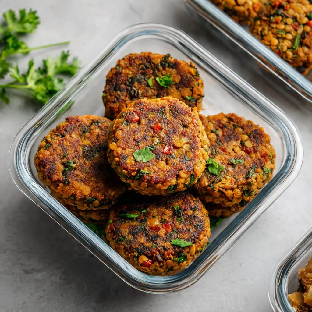 Lentil patties prepared for meal prep in a healthy vegan lifestyle