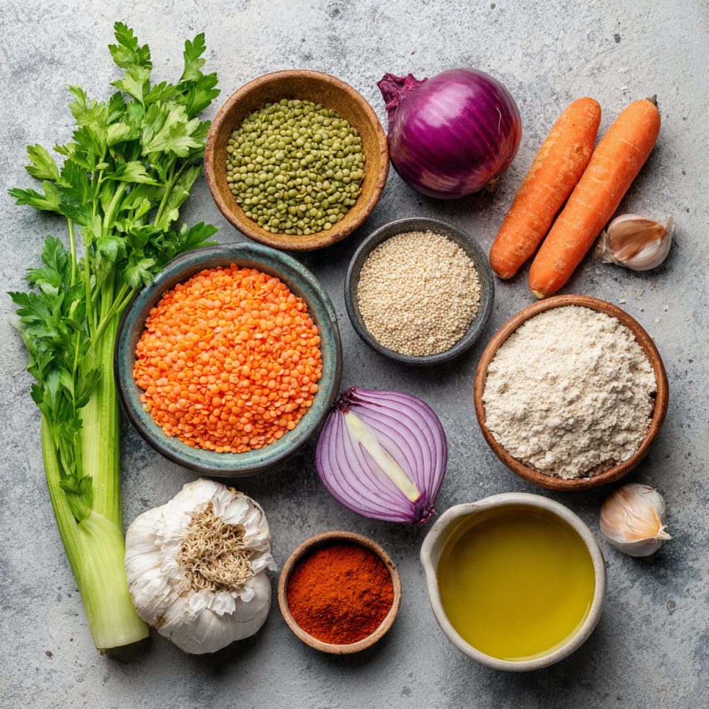 Ingredients for lentil patties including lentils, vegetables, spices, flaxseed, and gluten-free oat flour
