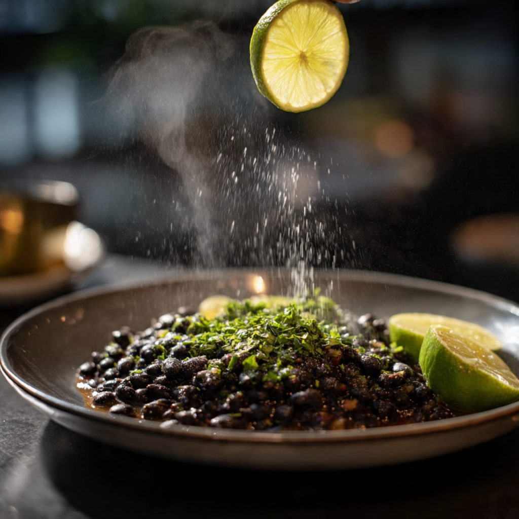 Finishing braised black beans with lime juice and fresh parsley
