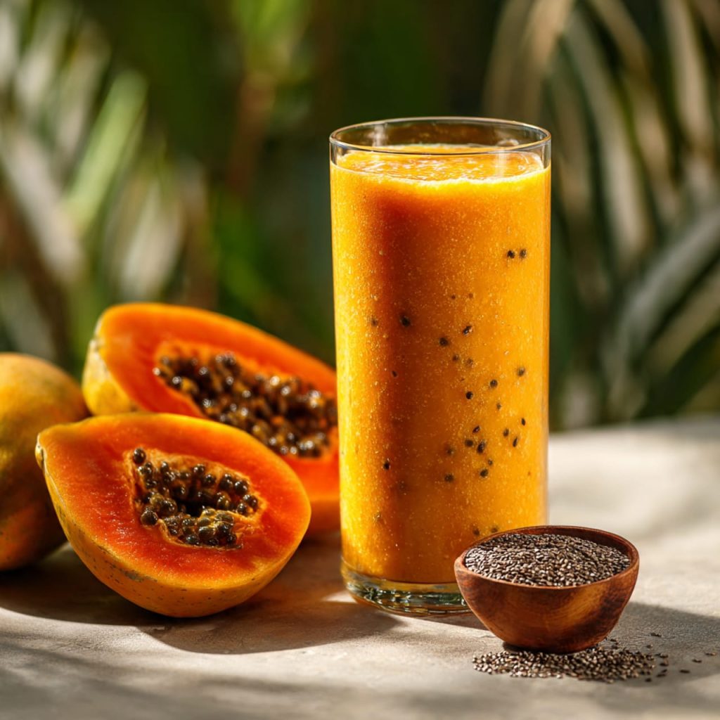 Papaya and passion fruit smoothie with chia seeds to support digestion and gut health in summer.