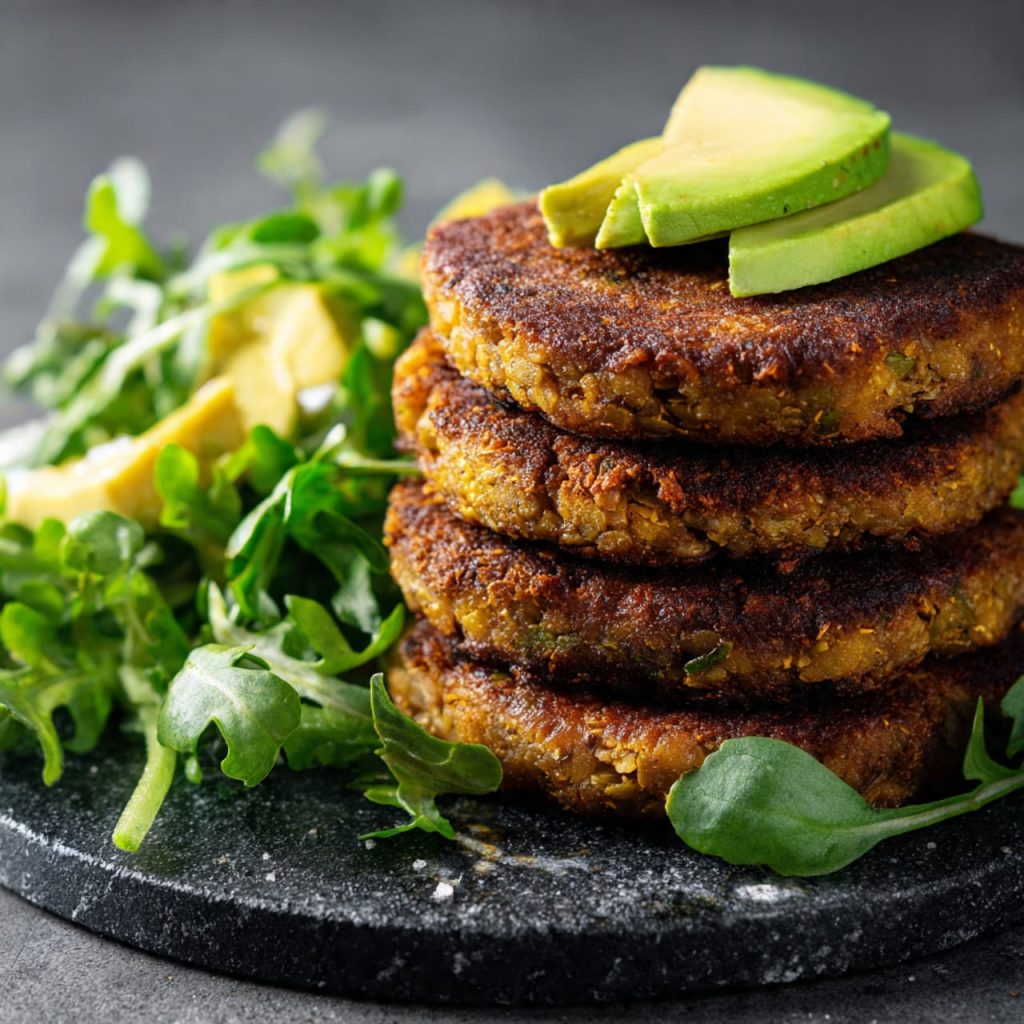 High-protein lentil patties with crispy crust, avocado, and leafy greens – a healthy vegan plant-based meal