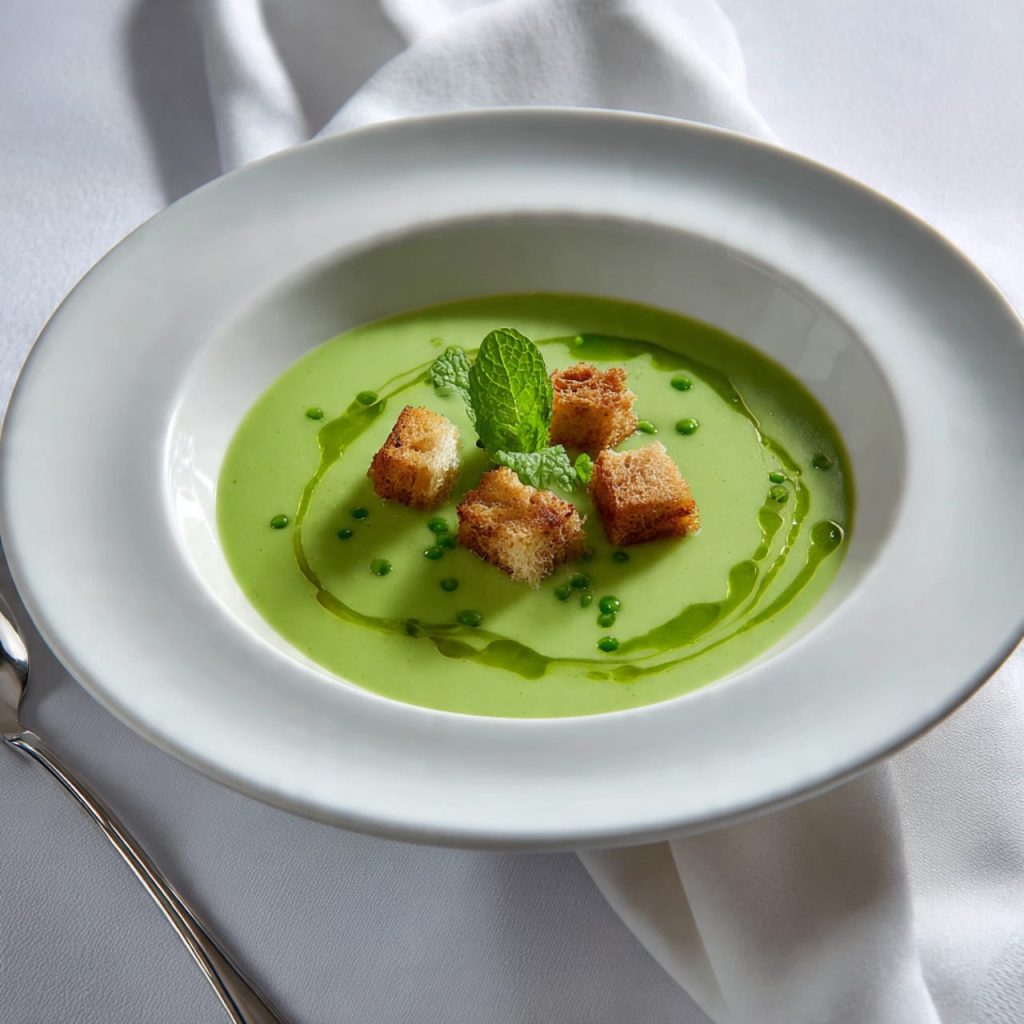 Elegant British-style pea and mint soup with mint garnish