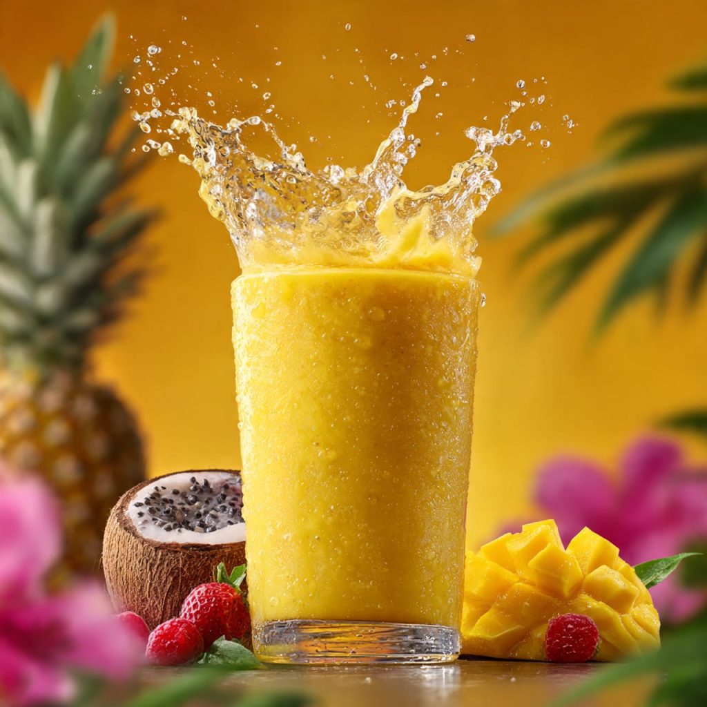 Pineapple and mango smoothie with coconut water, rich in vitamin C and digestive enzymes for summer energy.