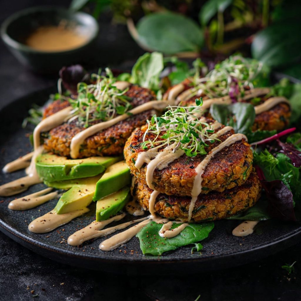 Lentil patties served with tahini sauce and fresh vegetables for a balanced plant-based meal