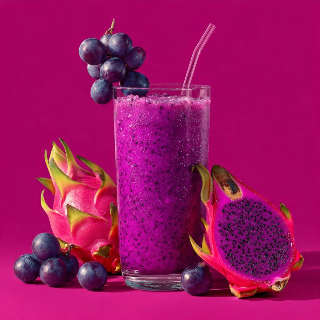 Red dragon fruit and grape smoothie rich in anthocyanins to support heart health and circulation.