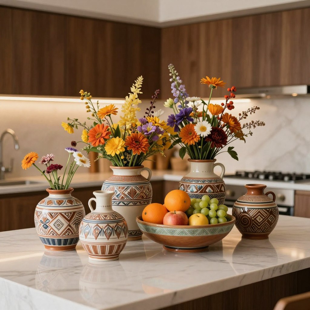 A beautifully arranged artisanal ceramic collection centerpiece on a luxurious kitchen island. In the foreground, showcase an array of hand-crafted ceramic vases with intricate patterns and earthy tones, filled with vibrant seasonal flowers. In the middle, include a large, decorative ceramic bowl filled with fresh fruits like oranges, apples, and grapes, all artfully placed. The background features a softly blurred modern kitchen with warm lighting, highlighting the elegant countertop and wooden cabinetry. The scene should be captured from a slightly elevated angle, using soft natural lighting to create an inviting atmosphere, evoking warmth and sophistication for a stylish kitchen hub. The overall mood is serene and artistic, celebrating the beauty of handcrafted ceramics.