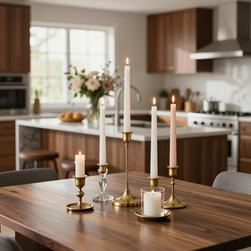 A beautifully arranged candle and candleholder display as a centerpiece on a modern kitchen island. The foreground features various elegant candleholders made from polished brass and glass, each holding white and soft pastel candles of different heights. Vividly illustrated, the middle of the image showcases the kitchen island, which is finished in a rich, dark wood with a marble countertop, accented by a tasteful floral arrangement in muted tones. In the background, soft, natural light streams through large windows, creating a warm and inviting atmosphere. The kitchen is designed in a contemporary style, with sleek cabinetry and stainless steel appliances, enhancing the luxurious feel. Captured at a slight angle with a shallow depth of field, the focus remains on the candle display while softly blurring the backdrop, conveying an intimate and cozy moment.