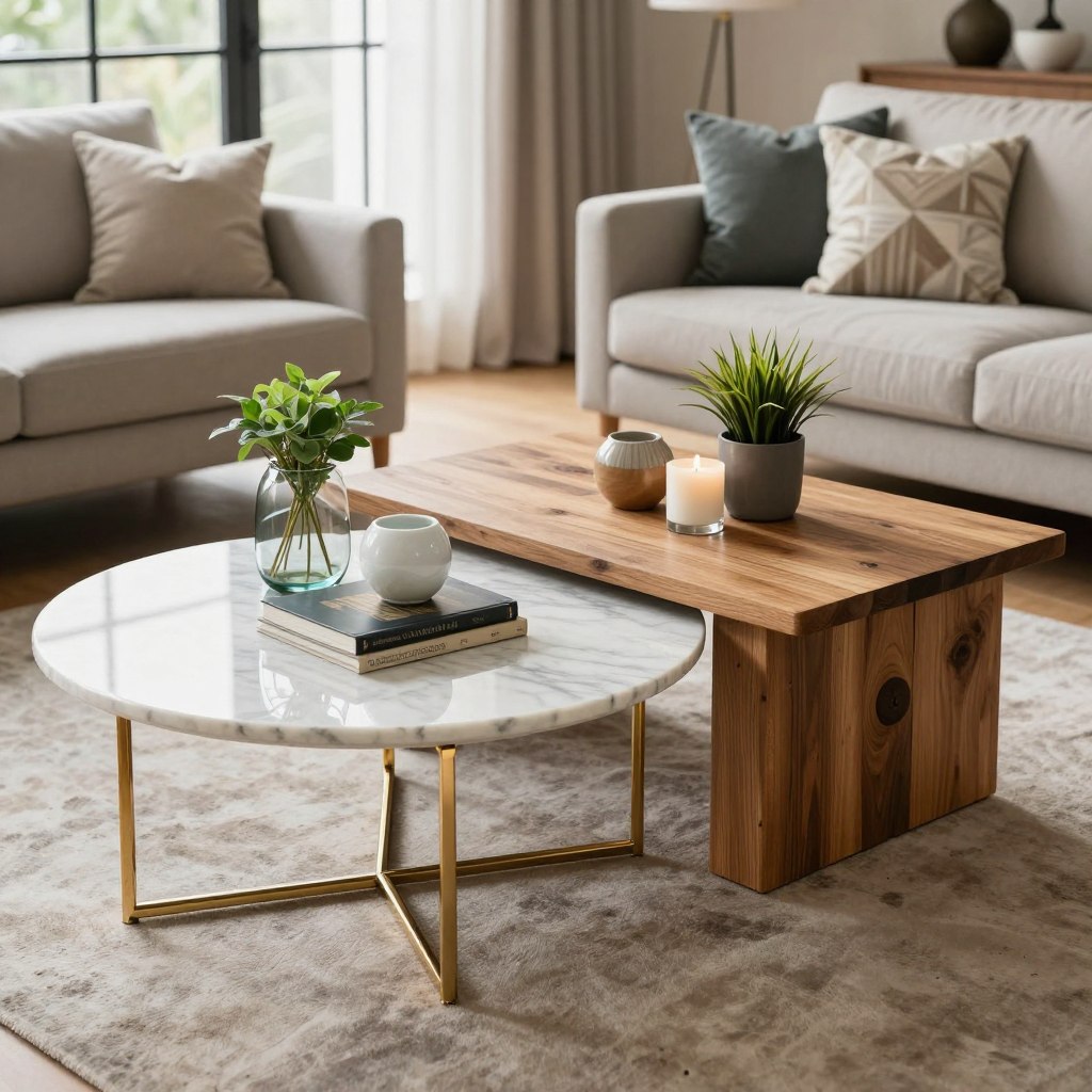 A beautifully arranged coffee table design showcase featuring both round and square coffee tables. In the foreground, a round coffee table with a sleek marble top and polished gold legs, beside a square coffee table made of reclaimed wood with a matte finish. The tables display various materials, such as glass, ceramic, and wood, with elegant decorative objects like coffee books, plants, and candles. The middle ground includes a cozy living room setting, with soft natural light filtering through large windows. The background reveals a stylish sofa and artfully placed cushions, creating an inviting atmosphere. Use a high-quality lens for clarity, and aim for a warm, harmonious mood that emphasizes the beauty of each coffee table shape and its material pairing.