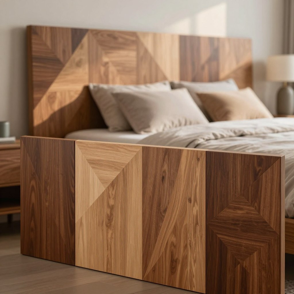 A beautifully arranged display of geometric wood panel designs, showcasing a modern headboard idea for a contemporary bedroom. The foreground features various angular wood panels in different shades of oak, walnut, and cherry, expertly arranged in a visually striking pattern. In the middle ground, a soft focus of the room’s stylish decor—an elegant bed adorned with neutral linens and minimalist pillows—complements the wooden design. In the background, a blurred view of a serene bedroom setting with soft, warm lighting casts delicate shadows across the wooden panels, creating a cozy and inviting atmosphere. The angle captures the panels from a slightly lower perspective, emphasizing their intricate textures and craftsmanship. No people are present, ensuring a clean and professional focus on the geometric woodwork.