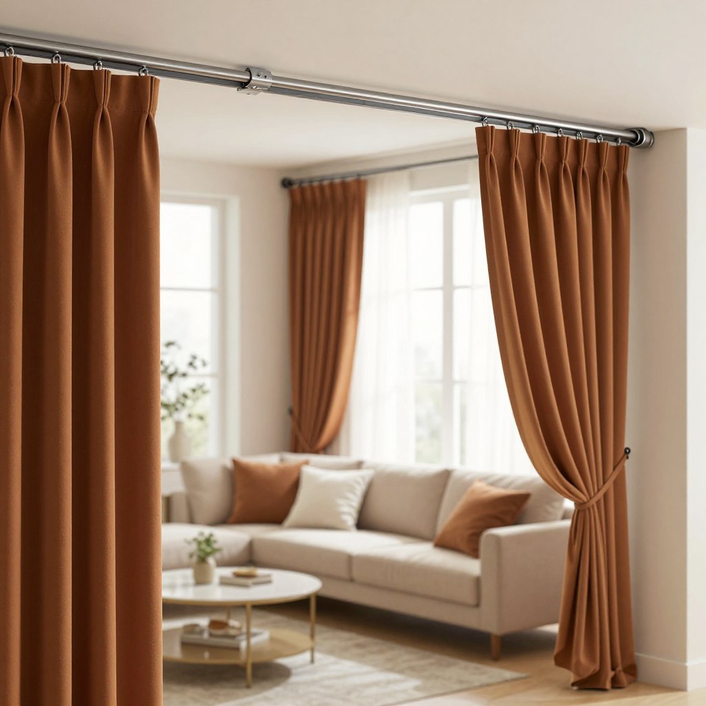 A beautifully arranged display of heavy-duty curtain rail systems in a modern living room setting. In the foreground, focus on a sleek, metal track system with robust brackets supporting elegant, flowing drapes in a rich fabric. The middle ground showcases a charming living area with stylish furniture, neutral tones, and accent pillows that complement the curtains. The background embodies a bright, airy atmosphere with large windows allowing soft, diffused natural light to filter through, creating gentle shadows. Use a warm color palette to convey a cozy mood, while a slight lens blur adds depth and texture to the scene, emphasizing the quality and functionality of the curtain track systems.