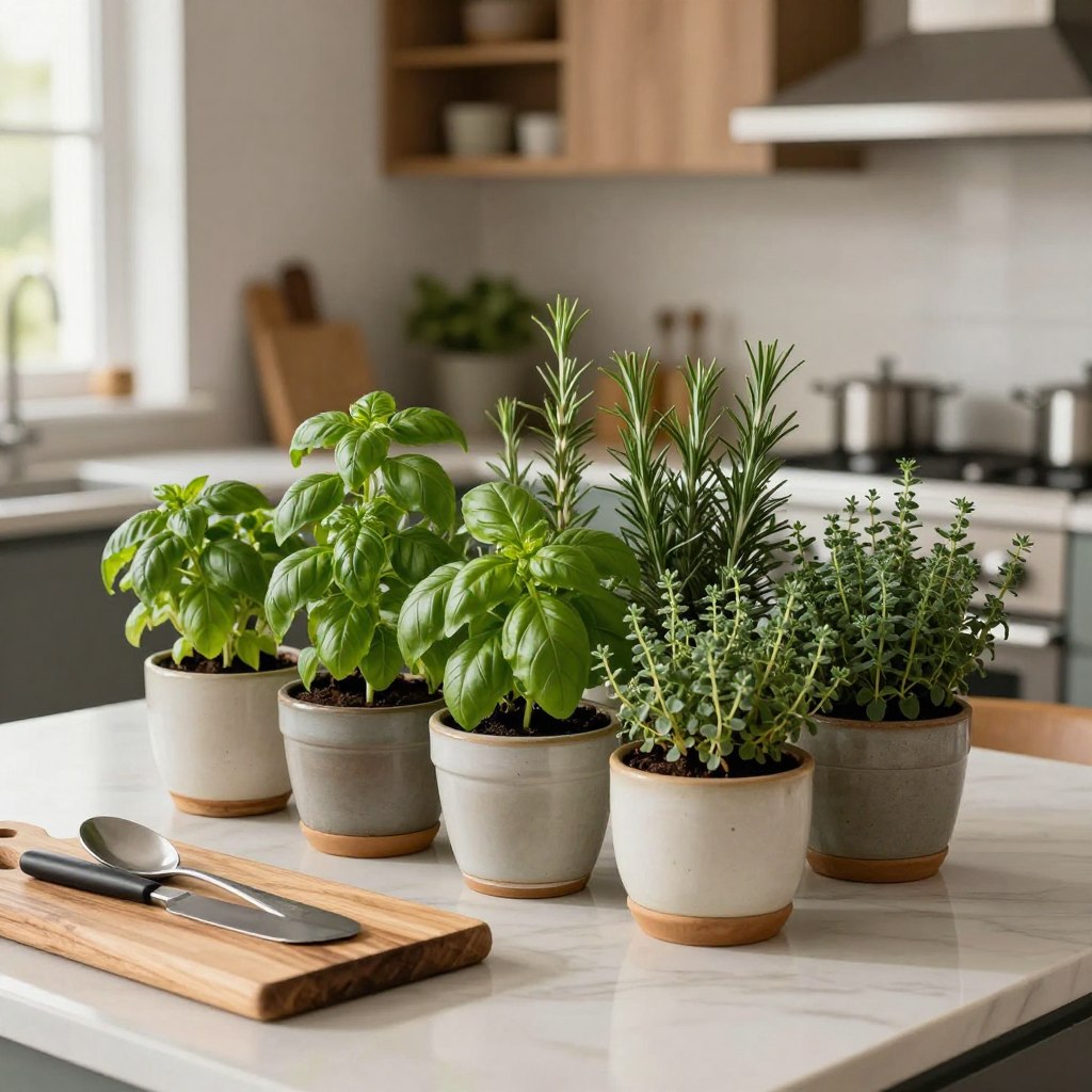 A beautifully arranged herb garden centerpiece on a luxurious kitchen island, showcasing a variety of vibrant green herbs such as basil, rosemary, and thyme, potted in elegant ceramic planters. In the foreground, a rustic wooden cutting board and a set of high-end kitchen utensils complement the scene. In the middle, the herb pots are artfully arranged, displaying varying heights and textures, evoking a sense of tranquility. The background features a softly blurred modern kitchen with high-end appliances and warm, natural light streaming through a nearby window, creating a cozy and inviting atmosphere. The image should be captured from a slightly elevated angle to highlight the centerpiece's details, emphasizing the fresh, organic feel while maintaining a chic aesthetic.