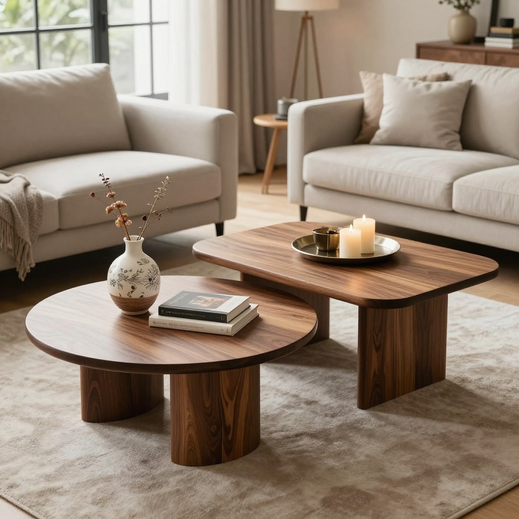 A beautifully arranged interior scene showcasing a variety of coffee table design options, emphasizing both round and square tables. In the foreground, a stylish round coffee table adorned with a decorative vase and books contrasts with a contemporary square coffee table displaying a chic tray and candles. The middle ground features a cozy living room setting with a plush sofa and a soft rug, inviting relaxation. In the background, warm natural light spills in through a large window, highlighting the textures of the furniture and creating a welcoming atmosphere. The scene captures a modern, elegant vibe with rich wood tones and soft fabric contrasts, evoking a sense of comfort and style perfect for various lifestyles. The perspective is shot at eye level, enhancing the accessibility and appeal of the designs.