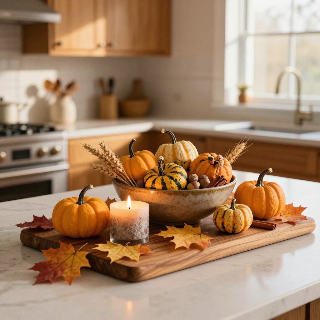 A beautifully arranged kitchen island centerpiece showcasing autumn decor. In the foreground, a wooden cutting board adorned with vibrant autumn leaves, miniature pumpkins, and a rustic candle centerpiece flickering softly. In the middle, a decorative bowl filled with an assortment of gourds and acorns, complemented by sprigs of dried wheat and cinnamon sticks. The background features a softly lit kitchen with warm-toned cabinetry and a window allowing natural light to stream in, casting a golden hue over the scene. Use a shallow depth of field to focus on the centerpiece, creating a rich, inviting atmosphere that embodies the essence of the autumn season with a touch of luxury and elegance.