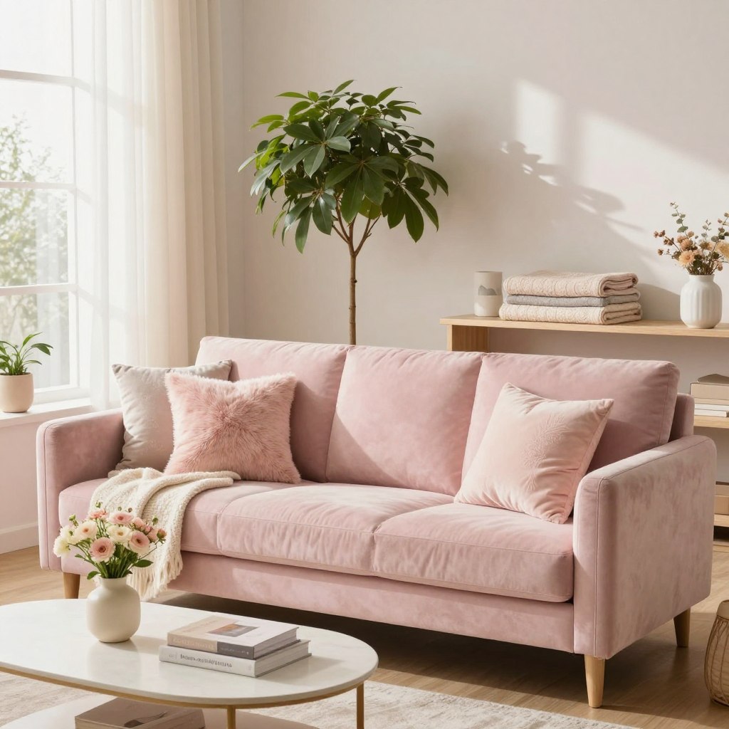 A beautifully arranged pastel living room featuring a soft, light pink velvet sofa centered in the foreground. On the sofa, fluffy pastel cushions and a soft throw blanket add texture. A stylish coffee table sits in front, adorned with a small vase of fresh flowers and a stack of home decor books, showcasing a practical maintenance routine. In the middle ground, a tall houseplant in a decorative pot brings a touch of nature, while a light wood shelf displays elegantly folded blankets. The background features light, airy curtains that filter warm, natural sunlight, casting gentle shadows across the room. The overall mood is serene and inviting, reflecting a well-maintained, cozy aesthetic perfect for enjoying the beauty of pastel decor. Soft focus and bright, diffused lighting enhance the tranquil atmosphere.