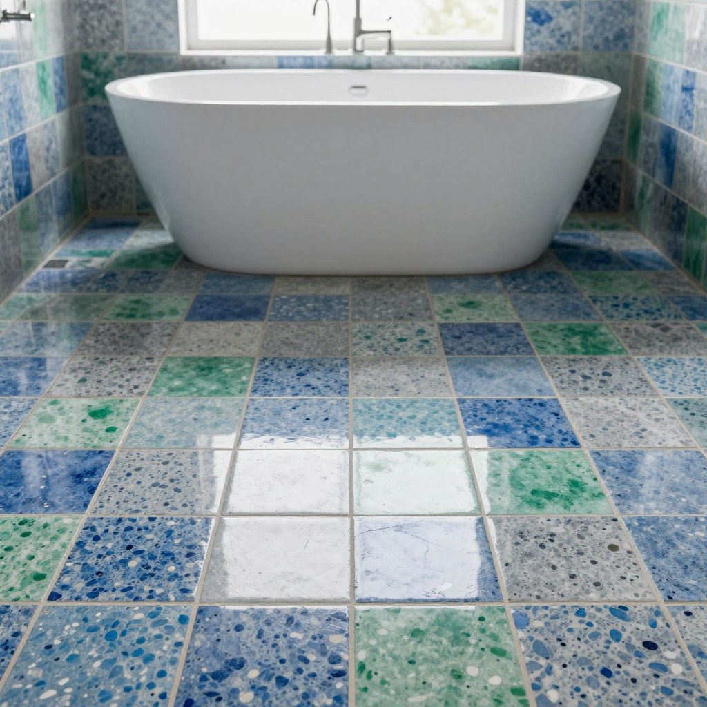 A beautifully arranged scene showcasing a bathroom floor adorned with vibrant speckled tiles in varying shades of blue, green, and gray, reflecting a modern design aesthetic. The foreground features a close-up of the intricate tile patterns, emphasizing the random speckles and textures that create visual interest. In the middle ground, a sleek, freestanding bathtub sits elegantly atop the tiles, highlighting the contrast between the smooth curves of the tub and the dynamic patterns below. The background is softly illuminated by natural light filtering through a frosted window, casting gentle shadows across the space, creating a serene and inviting atmosphere. The overall mood is tranquil and sophisticated, perfect for a contemporary bathroom sanctuary. A beautifully arranged scene showcasing a bathroom floor adorned with vibrant speckled tiles in varying shades of blue, green, and gray, reflecting a modern design aesthetic. The foreground features a close-up of the intricate tile patterns, emphasizing the random speckles and textures that create visual interest. In the middle ground, a sleek, freestanding bathtub sits elegantly atop the tiles, highlighting the contrast between the smooth curves of the tub and the dynamic patterns below. The background is softly illuminated by natural light filtering through a frosted window, casting gentle shadows across the space, creating a serene and inviting atmosphere. The overall mood is tranquil and sophisticated, perfect for a contemporary bathroom sanctuary.