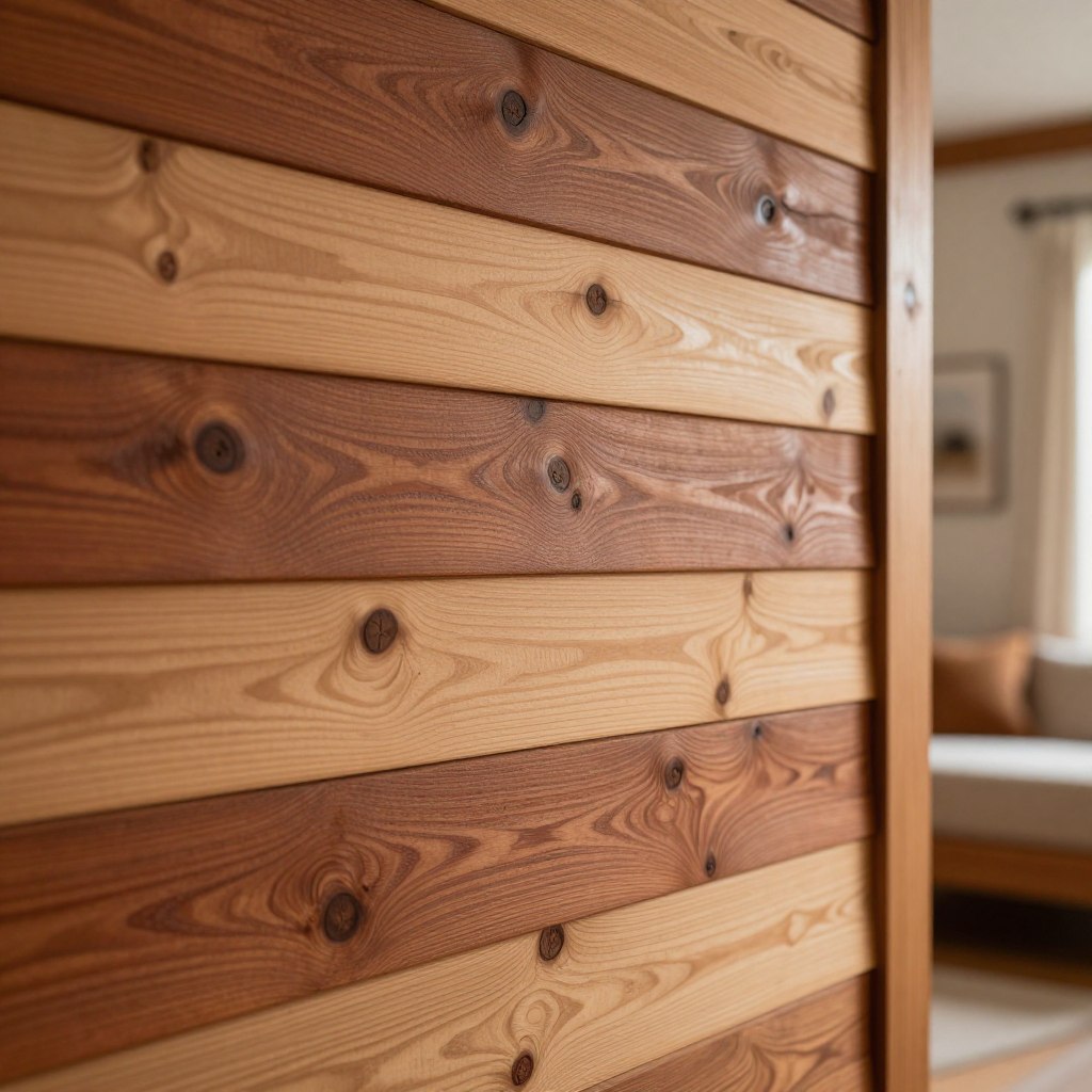 A beautifully crafted cedar shiplap farmhouse wall, featuring warm wood tones and distinctive grain patterns, evokes a cozy atmosphere. In the foreground, the texture of the shiplap panels is clearly visible, showcasing their natural knots and hues ranging from light tan to rich reddish-brown. In the middle ground, a hint of pine wood accents complements the cedar, enhancing the rustic charm. The background can be softly blurred to suggest a warm, inviting room with muted colors, perhaps hinting at minimalist furnishings. Soft, diffused lighting spills across the wall, creating gentle shadows that emphasize the wood's texture. The mood is serene and homey, perfect for a statement bedroom wall design, inviting relaxation and comfort.