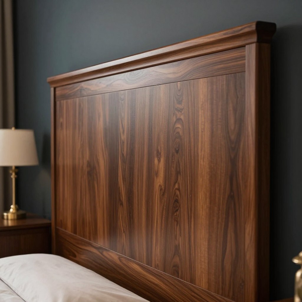 A beautifully crafted dark walnut headboard, featuring rich, warm tones and intricate wood grain patterns, dominates the foreground. The headboard is designed with a modern yet classic touch, showcasing soft curves and a slight bevel. In the middle ground, a tastefully decorated bedroom setting unfolds, with elegant mahogany accents on furniture pieces, enhancing the dramatic contrast with the dark walnut. The background reveals a softly lit wall painted in a deep, bold color, providing a striking backdrop that emphasizes the headboard. Warm, diffused lighting bathes the scene, creating a cozy and inviting atmosphere. The angle captures the headboard from a low perspective, emphasizing its height and presence, while keeping the overall focus on the stunning wood craftsmanship and the elegant room environment.