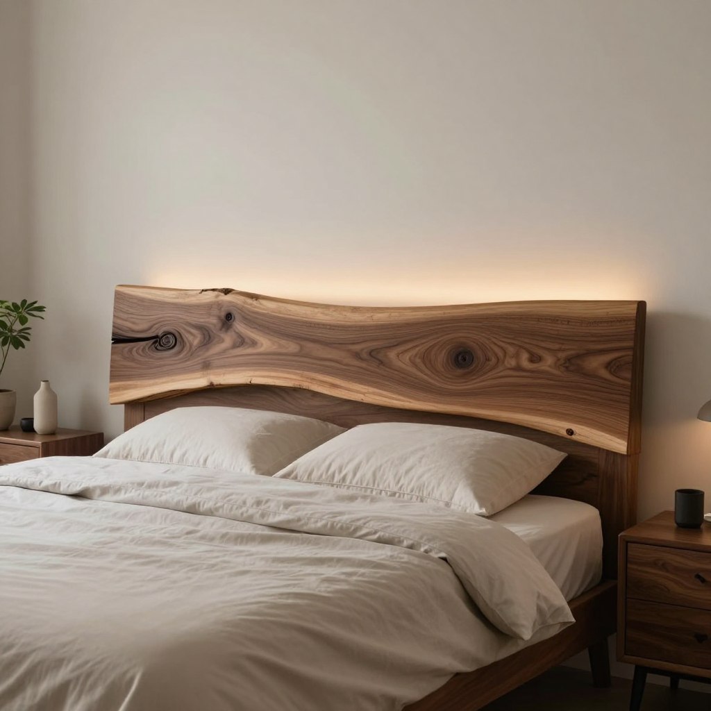A beautifully crafted live edge wood headboard made from a rich walnut slab showcases its natural grain and knots, creating an organic elegance in a modern bedroom setting. The headboard is softly illuminated by warm, ambient lighting, accentuating the texture and curves of the wood. In the foreground, a plush, inviting bed with tasteful, neutral bedding complements the headboard, while a pair of stylish bedside tables flank either side, topped with minimalistic decor. The background features a softly blurred wall, painted in a calming, muted tone, enhancing the serene atmosphere. A hint of greenery from a nearby potted plant adds a touch of nature, evoking a tranquil and cozy vibe, perfect for rest and relaxation.