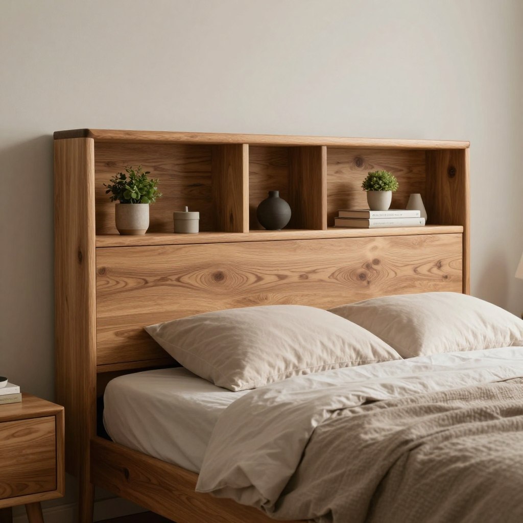 A beautifully crafted natural wood headboard with integrated shelving, showcasing a blend of rustic charm and modern functionality. The headboard is made of rich, textured oak, featuring well-defined grains and a smooth finish. The shelving is seamlessly designed, with various compartments holding minimalist decor items such as small potted plants and books. In the foreground, soft, diffused lighting gently illuminates the headboard, creating warm shadows that emphasize its organic texture. The middle ground highlights a neatly made bed with neutral bedding, seamlessly complementing the headboard's earth tones. The background includes a softly blurred wall with neutral paint, enhancing the overall tranquility of the scene. The atmosphere is serene and inviting, ideal for a restful bedroom setting.