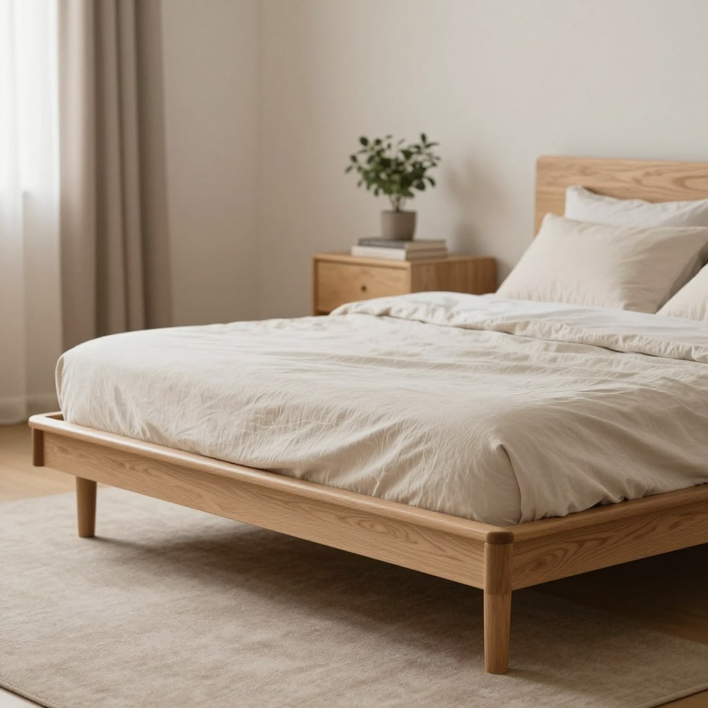 A beautifully designed Scandinavian oak platform bed sits prominently in the foreground, showcasing its sleek lines and minimalist aesthetic. The bed features angled legs that elevate its modern, airy appearance, crafted from light oak wood with a natural finish highlighting the grain. The bedding is styled in neutral tones, with a soft, textured duvet and matching pillows, enhancing the inviting yet simplistic look. In the middle background, a soft-focus, minimalist bedroom environment is depicted with a small nightstand and a potted plant, adding a touch of greenery. The lighting is warm and diffused, creating a cozy atmosphere, while the angle of the shot emphasizes the bed’s unique design. The scene is tranquil and serene, embodying the essence of Scandinavian minimalism.