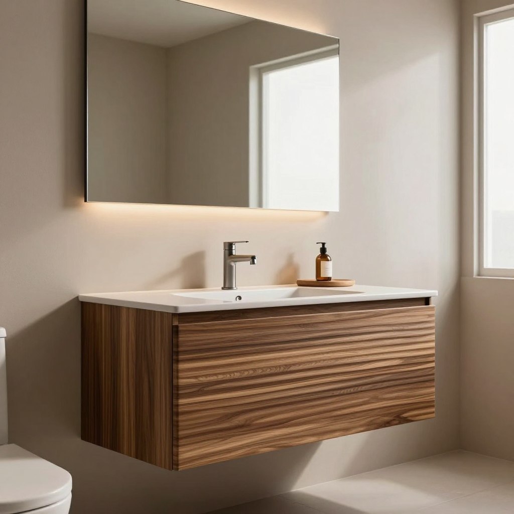 A beautifully designed bathroom featuring a horizontal ribbed walnut floating vanity, showcasing rich texture and warm wood tones. The vanity is elegantly mounted on a soft, neutral-toned wall, highlighting the contrasting ribbed surface. In the foreground, the sophisticated vanity is complemented by a sleek, modern sink and minimalist hardware. The middle ground captures a large mirror reflecting gentle ambient lighting, enhancing the cozy atmosphere. In the background, the walls are adorned with subtle ribbed patterns, creating a cohesive design element. Soft, diffused lighting streams through a frosted window, casting soft shadows and adding to the serene ambiance of the space. The overall mood is tranquil and inviting, perfect for relaxation. A beautifully designed bathroom featuring a horizontal ribbed walnut floating vanity, showcasing rich texture and warm wood tones. The vanity is elegantly mounted on a soft, neutral-toned wall, highlighting the contrasting ribbed surface. In the foreground, the sophisticated vanity is complemented by a sleek, modern sink and minimalist hardware. The middle ground captures a large mirror reflecting gentle ambient lighting, enhancing the cozy atmosphere. In the background, the walls are adorned with subtle ribbed patterns, creating a cohesive design element. Soft, diffused lighting streams through a frosted window, casting soft shadows and adding to the serene ambiance of the space. The overall mood is tranquil and inviting, perfect for relaxation.
