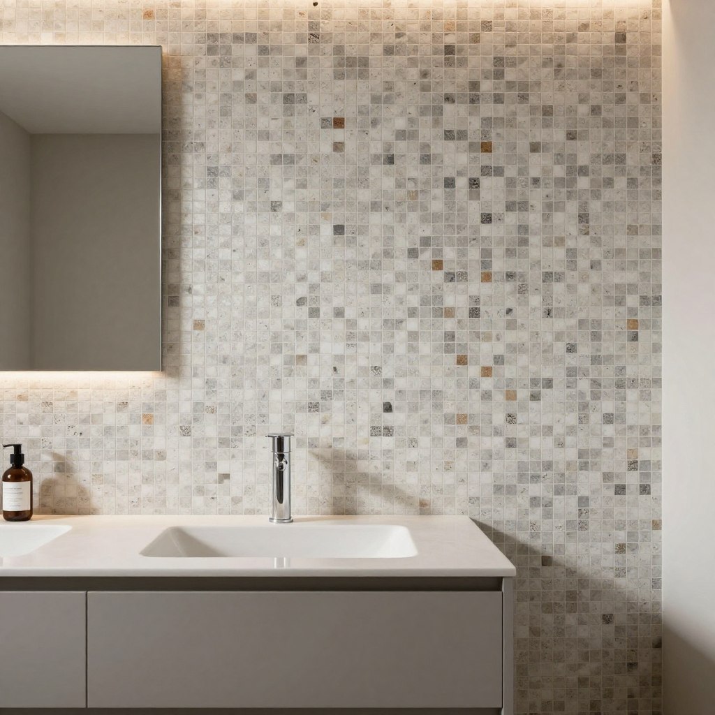 A beautifully designed bathroom featuring a speckled tile accent wall behind a sleek modern vanity. The wall showcases a mosaic of neutral tones, including soft grays, whites, and hints of earthy colors, creating an inviting yet contemporary look. The vanity itself is minimalist, with a polished countertop and clean lines, reflecting a chic aesthetic. Soft, warm lighting illuminates the scene, casting gentle shadows that enhance the texture of the tiles. The camera angle is slightly elevated, capturing the wall as a focal point while showcasing the vanity in the foreground. The atmosphere feels tranquil and stylish, perfect for a luxurious bathroom retreat. No human subjects are present, emphasizing the design elements. A beautifully designed bathroom featuring a speckled tile accent wall behind a sleek modern vanity. The wall showcases a mosaic of neutral tones, including soft grays, whites, and hints of earthy colors, creating an inviting yet contemporary look. The vanity itself is minimalist, with a polished countertop and clean lines, reflecting a chic aesthetic. Soft, warm lighting illuminates the scene, casting gentle shadows that enhance the texture of the tiles. The camera angle is slightly elevated, capturing the wall as a focal point while showcasing the vanity in the foreground. The atmosphere feels tranquil and stylish, perfect for a luxurious bathroom retreat. No human subjects are present, emphasizing the design elements.
