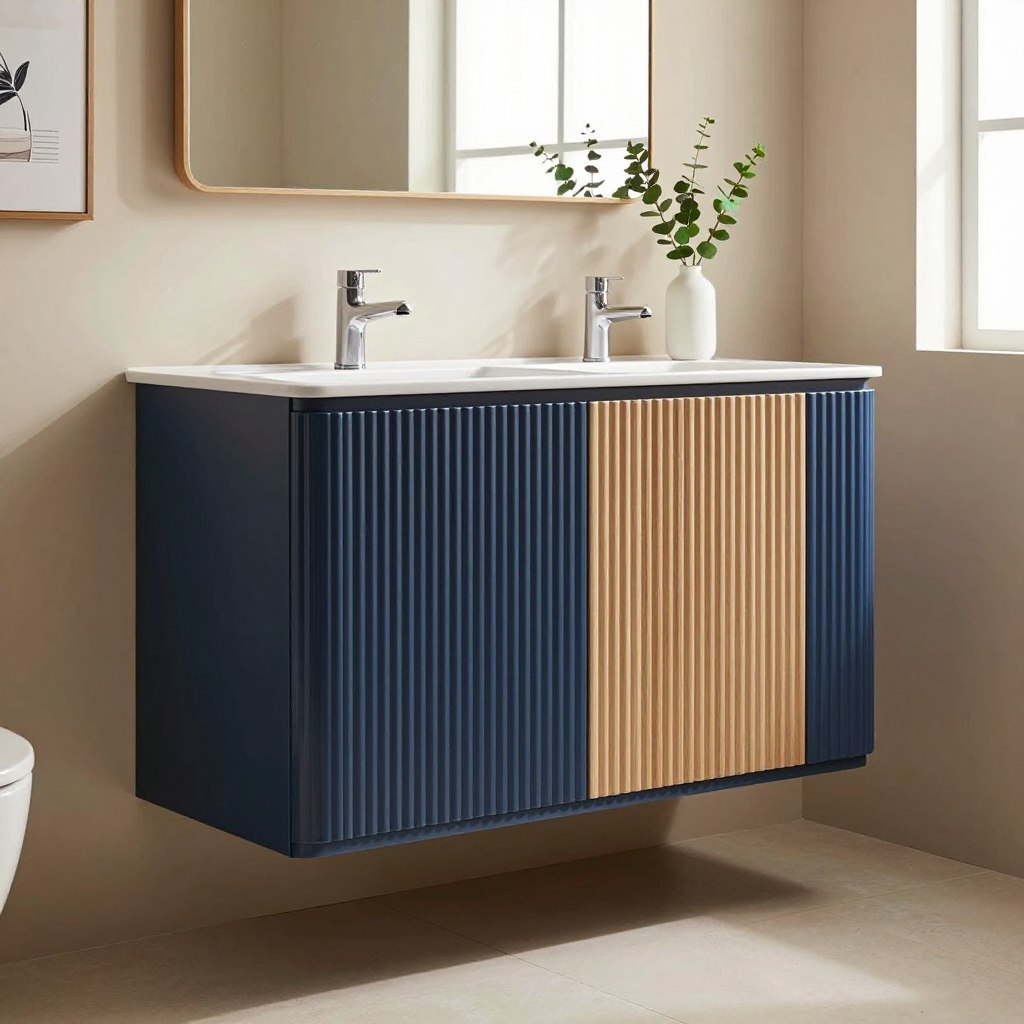 A beautifully designed bathroom featuring a two-tone ribbed vanity in navy blue and natural oak. The vanity has prominent ribbed textures that add depth and sophistication. The background showcases warm, neutral-toned walls that complement the vanity, adorned with minimalistic decor elements like framed art and greenery to enhance the atmosphere. Soft, natural light filters in through a frosted window, creating a calming and serene ambiance. The angle captures the full height of the vanity, emphasizing its ribbed design while maintaining a clean and modern aesthetic. The floor is a light-colored tile that harmonizes with the overall color scheme. This inviting bathroom scene reflects elegance and style, perfect for showcasing innovative ribbed decor concepts. A beautifully designed bathroom featuring a two-tone ribbed vanity in navy blue and natural oak. The vanity has prominent ribbed textures that add depth and sophistication. The background showcases warm, neutral-toned walls that complement the vanity, adorned with minimalistic decor elements like framed art and greenery to enhance the atmosphere. Soft, natural light filters in through a frosted window, creating a calming and serene ambiance. The angle captures the full height of the vanity, emphasizing its ribbed design while maintaining a clean and modern aesthetic. The floor is a light-colored tile that harmonizes with the overall color scheme. This inviting bathroom scene reflects elegance and style, perfect for showcasing innovative ribbed decor concepts.