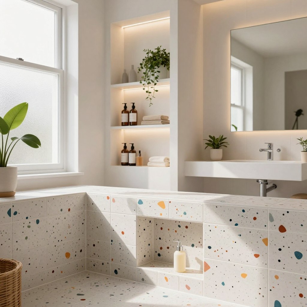 A beautifully designed bathroom featuring elegant speckled tile niches and built-in shelving, showcasing a variety of textures and patterns in the tiles. The foreground highlights a close-up of the niches with vibrant, colorful speckles that create a lively and inviting atmosphere. The middle area showcases well-organized shelving stocked with neatly arranged bath essentials, plants, and decorative items enhanced by soft, warm lighting that casts gentle shadows, adding depth to the scene. The background reveals a stylish, minimalist bathroom with gleaming fixtures and a large mirror, creating a serene ambiance. The overall mood is fresh, modern, and inviting, with natural light streaming in through a frosted window, enhancing the colors of the tiles while ensuring clarity and warmth. A beautifully designed bathroom featuring elegant speckled tile niches and built-in shelving, showcasing a variety of textures and patterns in the tiles. The foreground highlights a close-up of the niches with vibrant, colorful speckles that create a lively and inviting atmosphere. The middle area showcases well-organized shelving stocked with neatly arranged bath essentials, plants, and decorative items enhanced by soft, warm lighting that casts gentle shadows, adding depth to the scene. The background reveals a stylish, minimalist bathroom with gleaming fixtures and a large mirror, creating a serene ambiance. The overall mood is fresh, modern, and inviting, with natural light streaming in through a frosted window, enhancing the colors of the tiles while ensuring clarity and warmth.